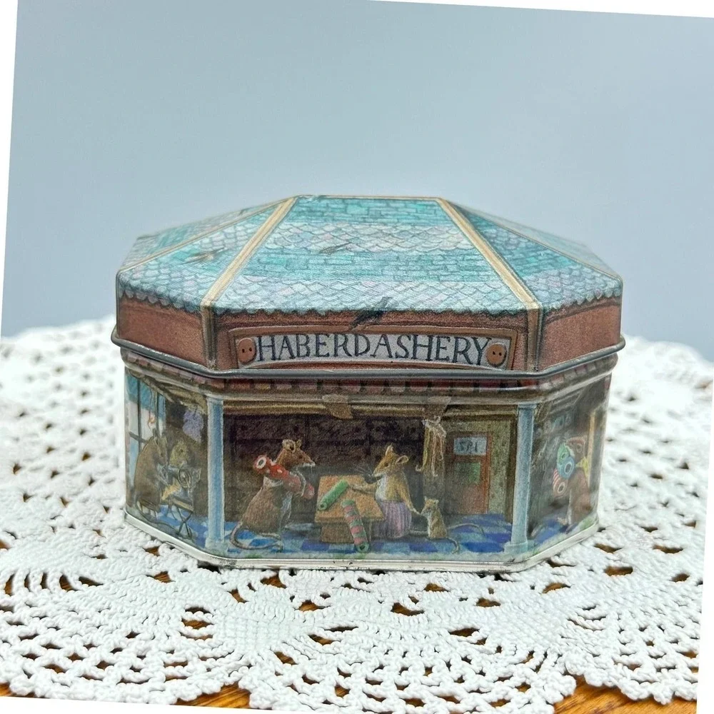 Vintage Style Haberdashery Mice Octagonal Decorative Metal Trinket Tin Blue